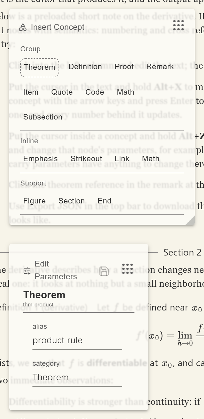 The Insert Concept and Edit Parameters panels